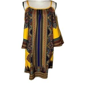 3/$30 Boho Off Shoulder Yellow Multicolor Tribal Print Festival Dress Small